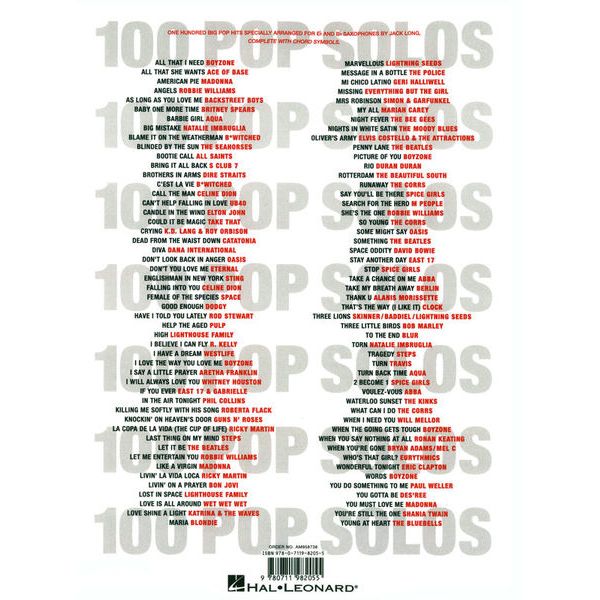 Wise Publications 100 Pop Solos for Saxophone