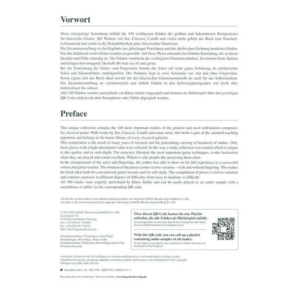 Hage Musikverlag 100 Etudes Classical Guitar