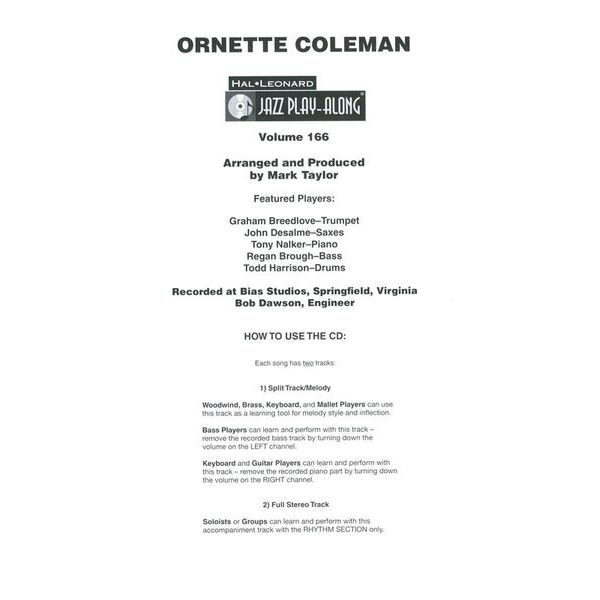 Hal Leonard Jazz Play-Along O. Coleman