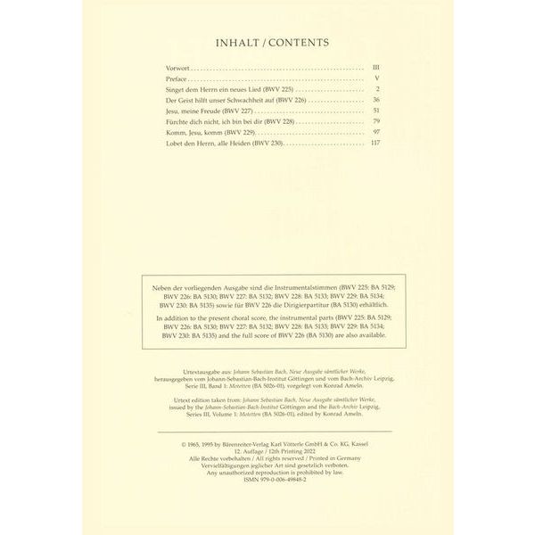 Brenreiter Bach Motetten BWV 225-230