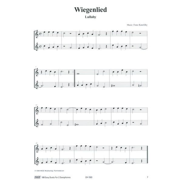 Hage Musikverlag 100 Leichte Duette Saxophon