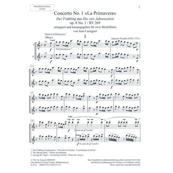 Heinrichshofen Verlag Vivaldi Frühling 2 Blockflöten