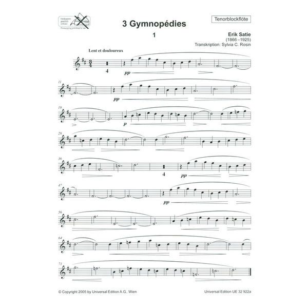 Universal Edition Satie 3 Gymnopédies Recorder