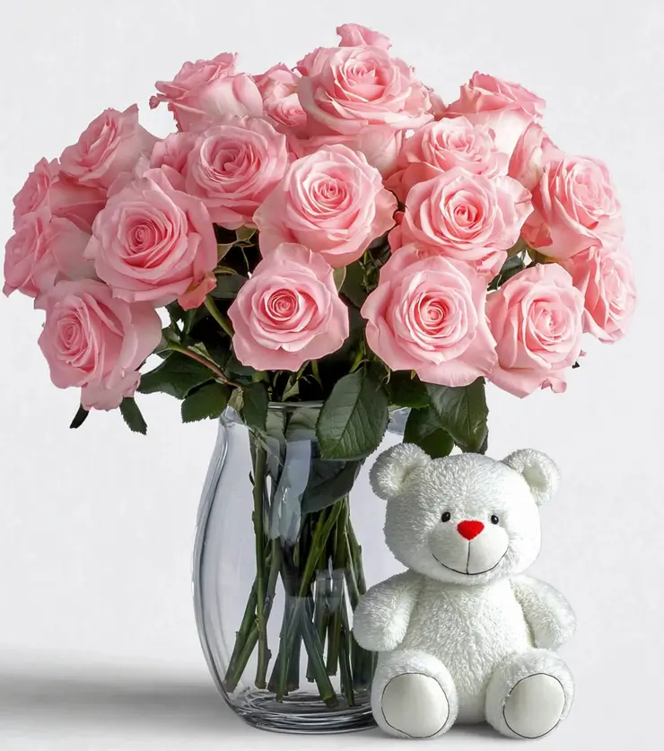 One dozen pink roses & Bear