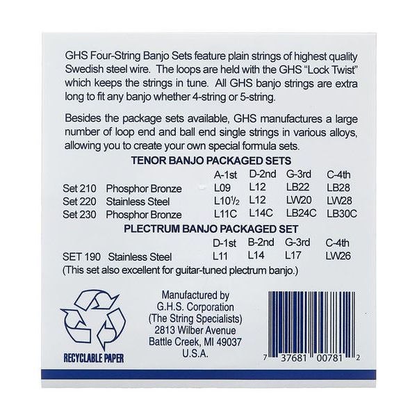GHS 220 Banjo String Set Light