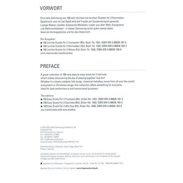 Hage Musikverlag 100 Leichte Duette Klarinette