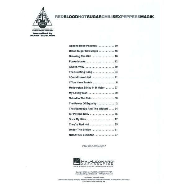 Hal Leonard Red Hot Chili Blood Guitar