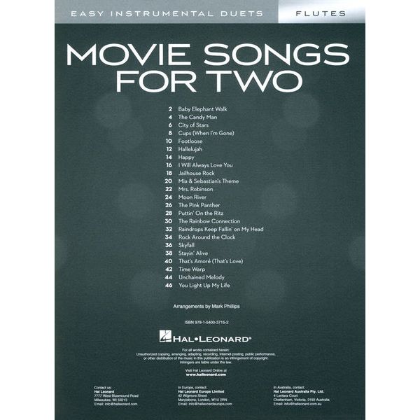 Hal Leonard Movie Songs For Two Flutes