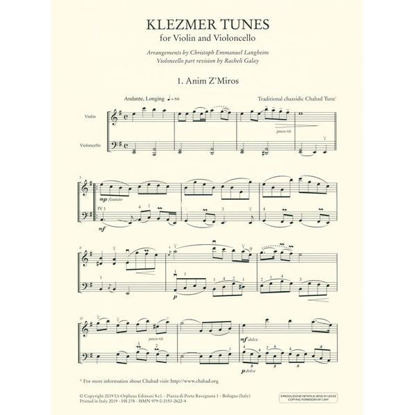 UT Orpheus Edizioni Klezmer Tunes Violin Cello