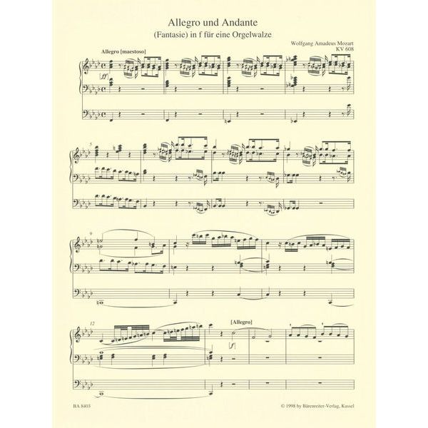 Brenreiter Mozart Werke for Orgel