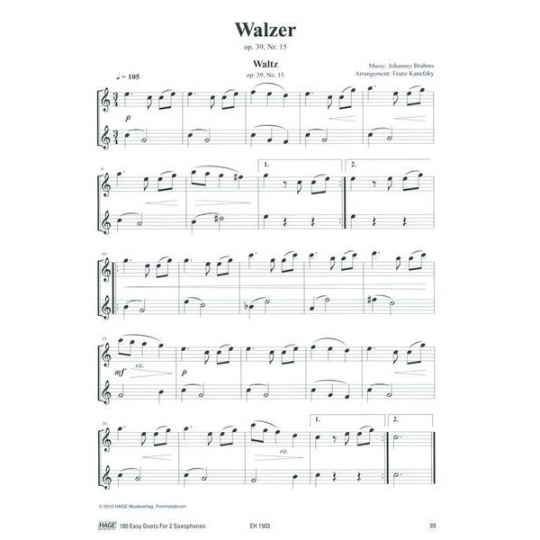 Hage Musikverlag 100 Leichte Duette Saxophon