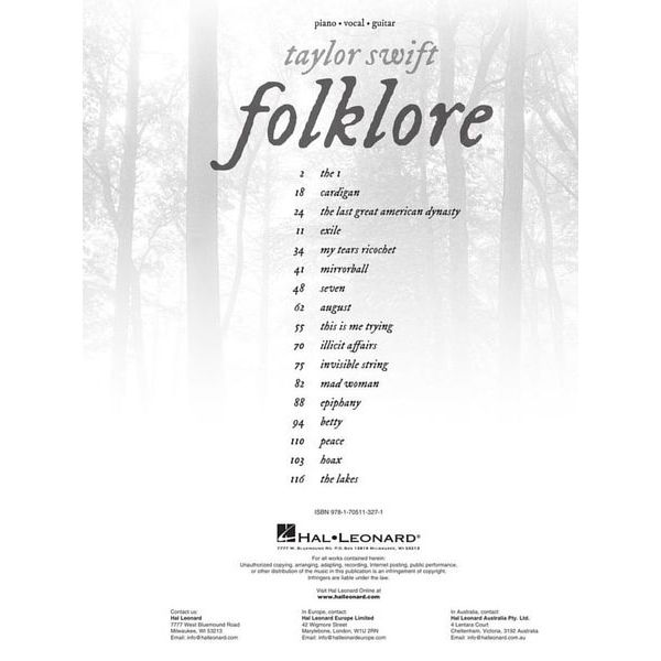 Hal Leonard Taylor Swift Folklore