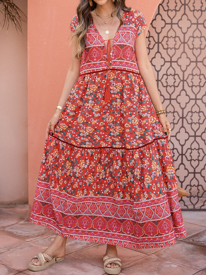 Ditsy Floral V Neck Boho Floral-Print Weaving Dress