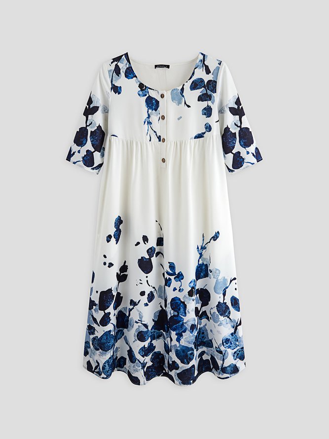 Crew Neck Button Floral Vacation Midi Dress