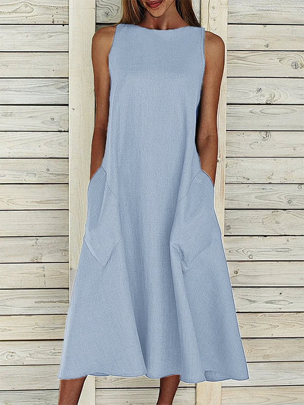 Round Neck Pockets Plain Casual Midi Dress