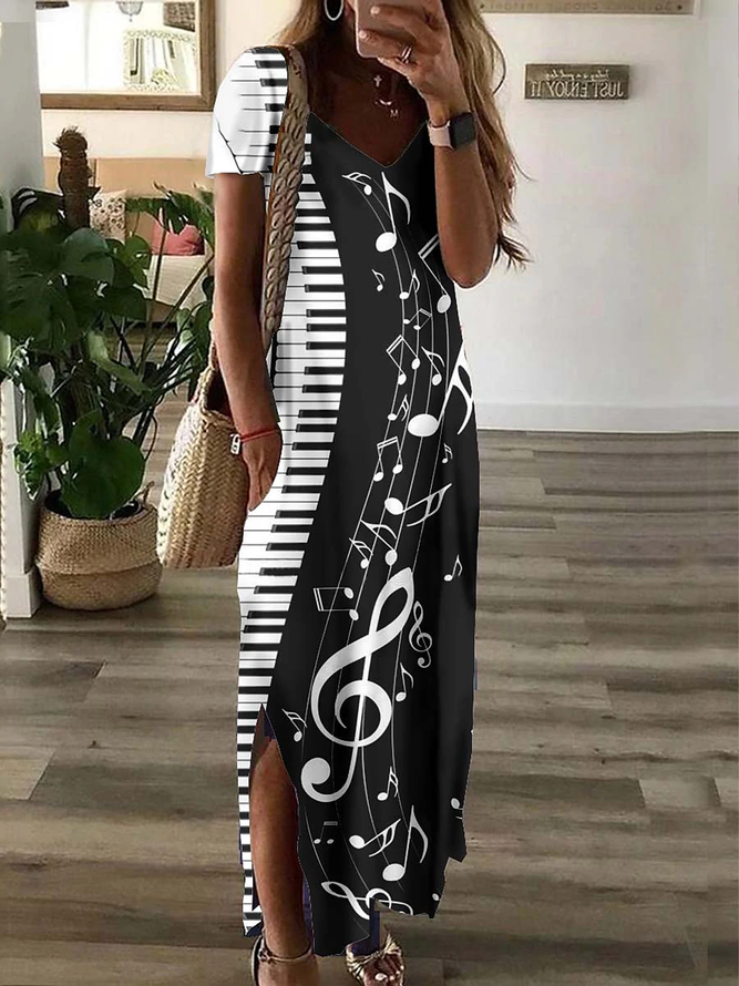 Jersey V Neck Casual Color Block Dress With No