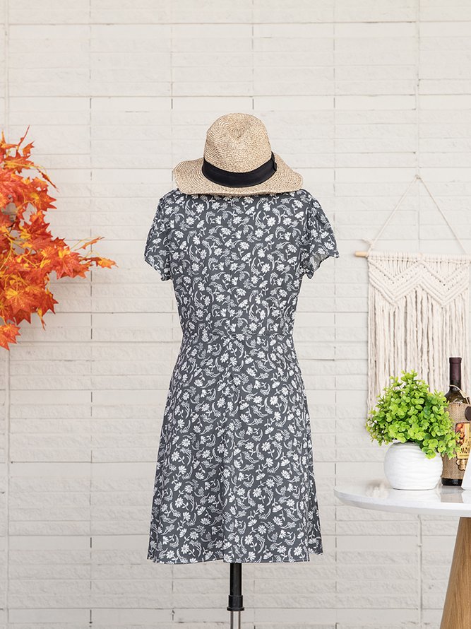 V Neck Floral Short Sleeve Casual Mini Dress