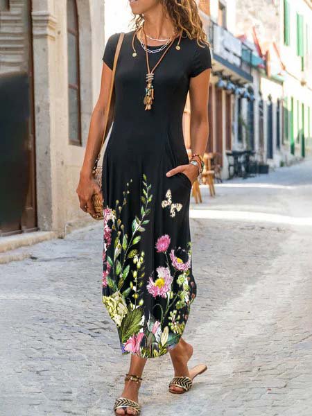 Cotton-Blend Short Sleeve Crew Neck Floral-Print Knitting Dress
