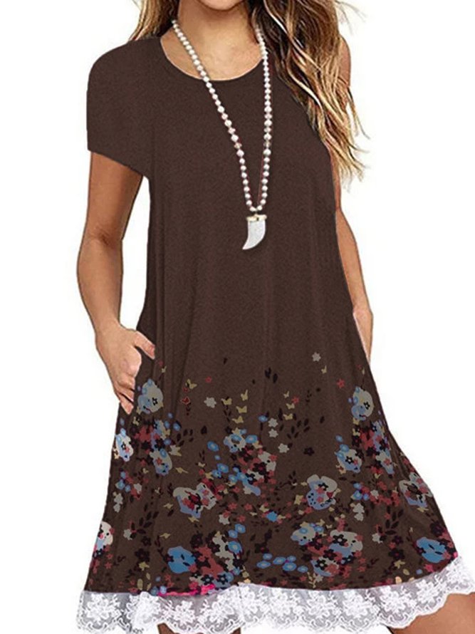 Crew Neck Women Knitting Dress Shift Daily Casual Floral Knitting Dress