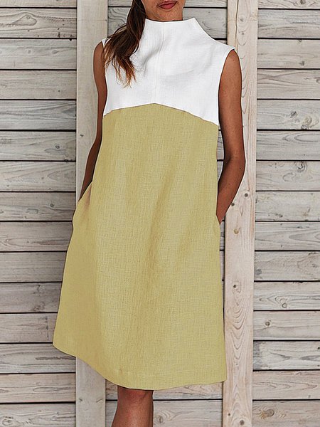 Plus Size Midi Weaving Dress Women Summer Shift Sleeveless Turtleneck Paneled Weaving Dress