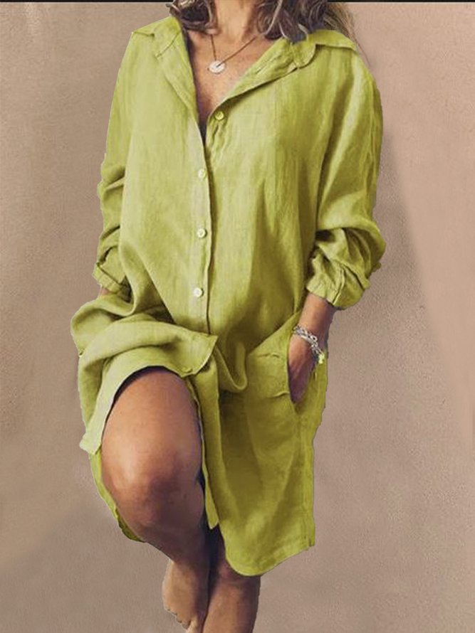Pockets Buttoned Solid V Neck Shift Daily Cotton-Blend Weaving Dress