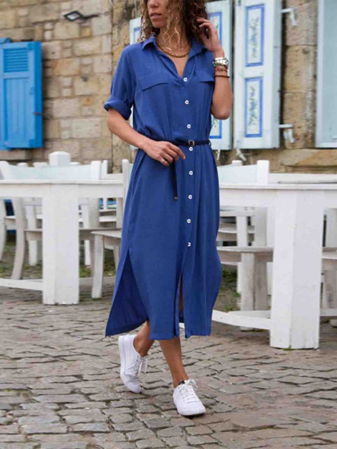 Shawl Collar Shift Women 3/4 Sleeve Paneled Spring Dress