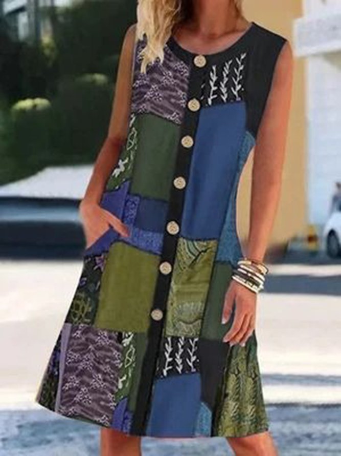 Cotton-Blend Sleeveless Crew Neck Holiday Weaving Dress