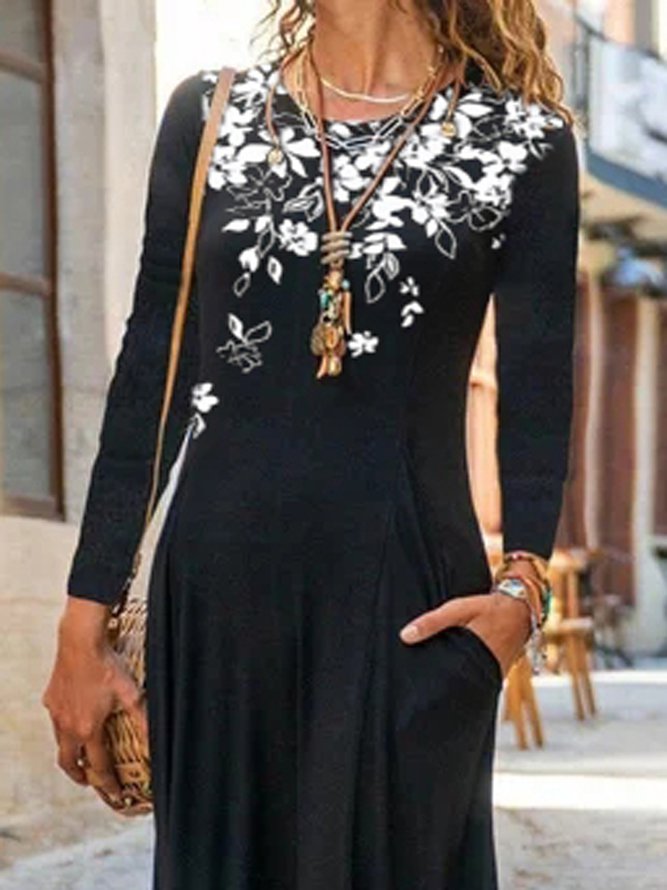 Shift Long Sleeve Crew Neck Floral Dress