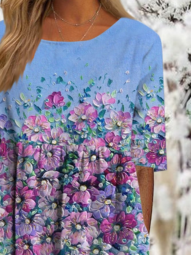 Oil painting flower gradient series X-shaped a-hem loose Long Dress Plus Size