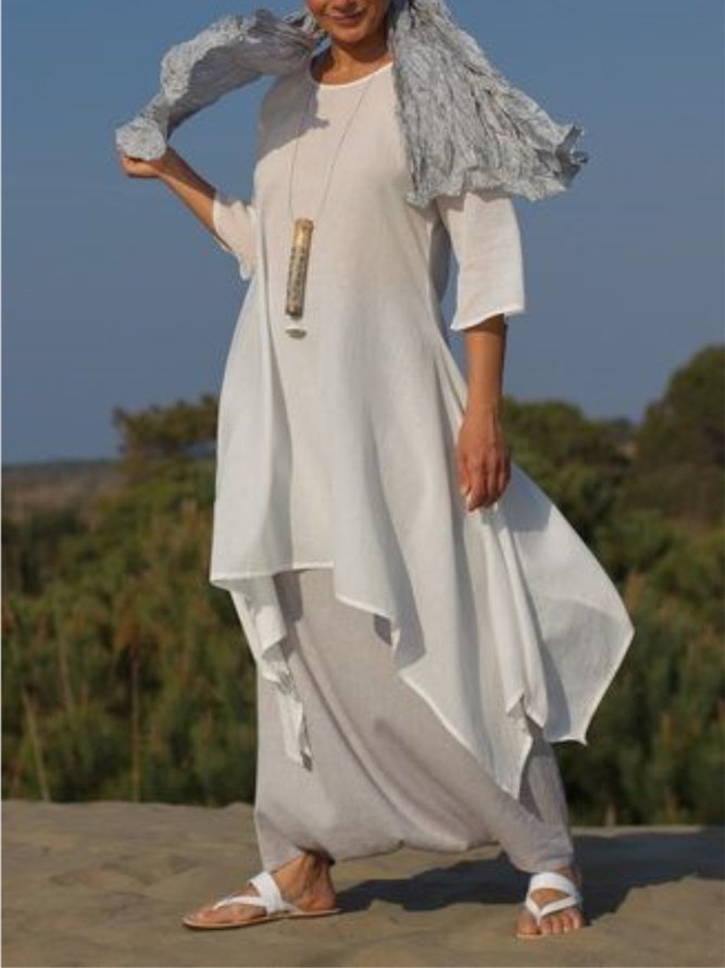 Women Summer Linen 3/4 Sleeve Daytime Crew Neck Asymmetric Dress