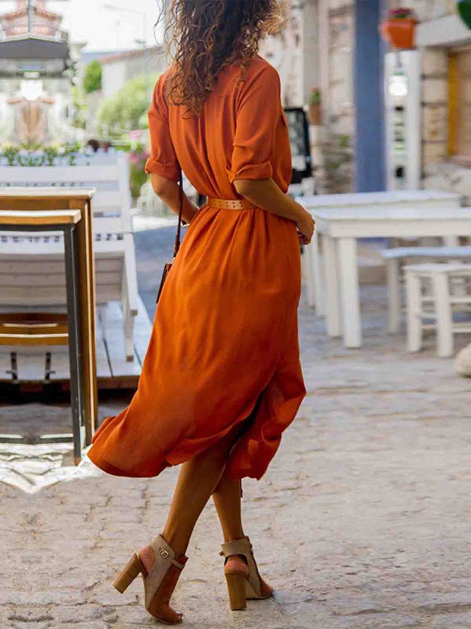 Shawl Collar Shift Women 3/4 Sleeve Paneled Spring Dress