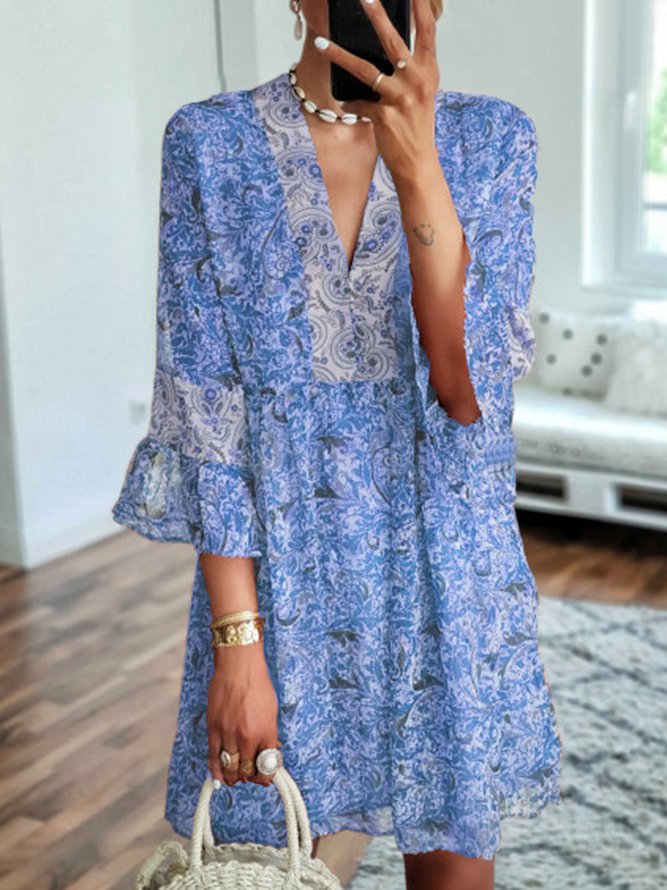 V Neck Women Dresses Date Cotton Smock Dress