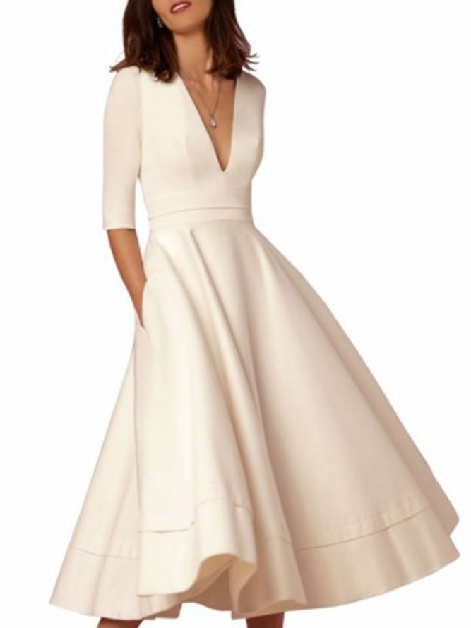 Women Deep V Neck 3/4 Sleeve Paneled Solid Elegant Swing Prom Dress