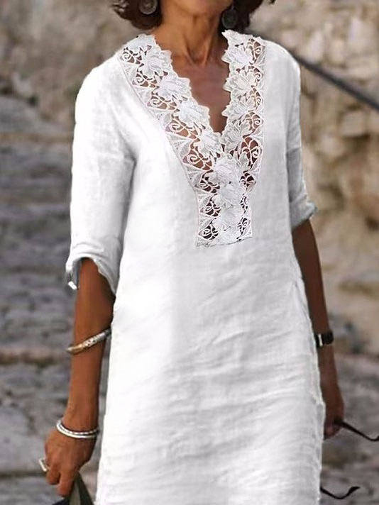 Loose Plain V Neck Linen Summer Dress
