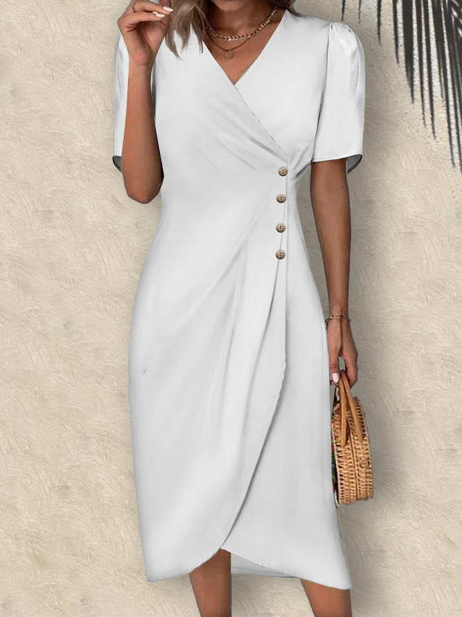 V Neck Cotton-Blend Buttoned Urban Dress