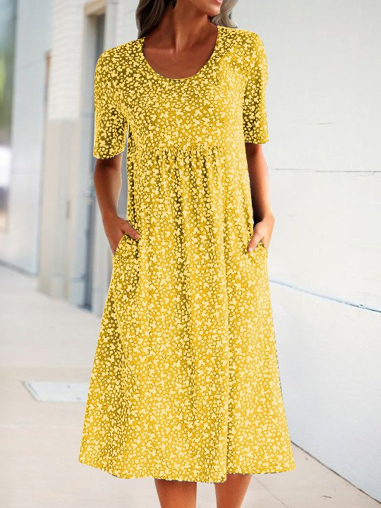 Ditsy Floral Round Neck Pocket Vacation Midi Dress