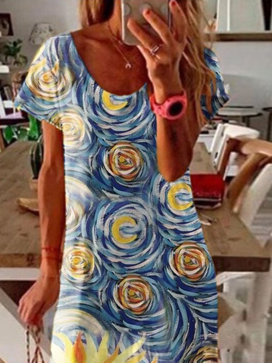 Round Neck Sunflower Floral Beach Vacation Midi Dresses