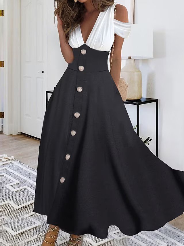 Loose V Neck Elegant Color Block Dress