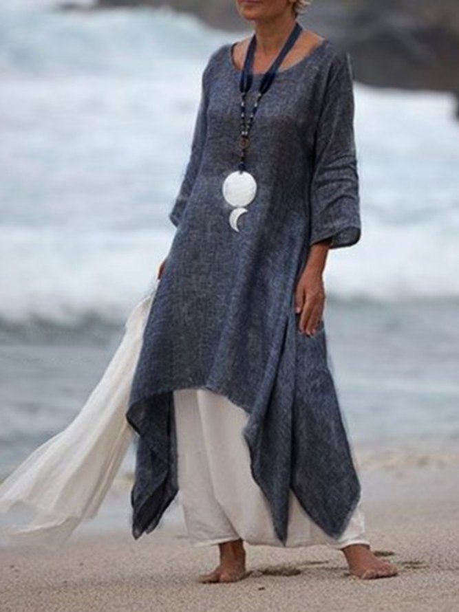 Women Summer Linen 3/4 Sleeve Daytime Crew Neck Asymmetric Dress