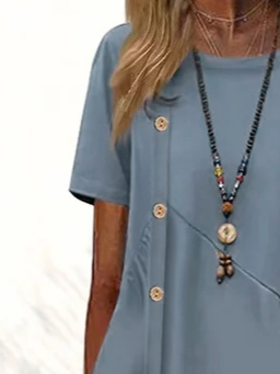 Round Neck Plain Short sleeve Buttoned Casual Midi Dress