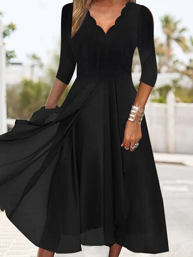 V Neck Elegant Black Slim Fit Knit Midi Prom Dress
