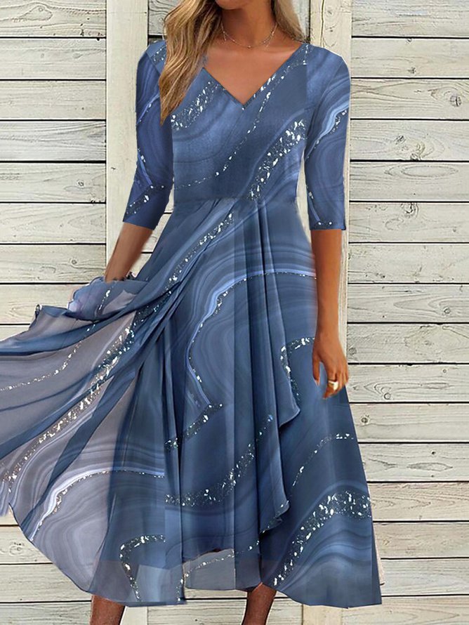 V Neck Casual Asymmetric Geometric Ombre Midi Prom Dress