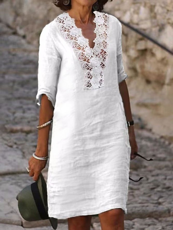 Loose Plain V Neck Linen Summer Dress