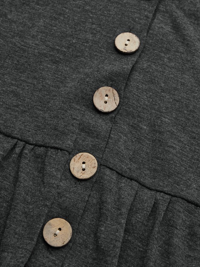 Plain Simple Autumn Buttoned Natural Midi Half Open Collar Dress