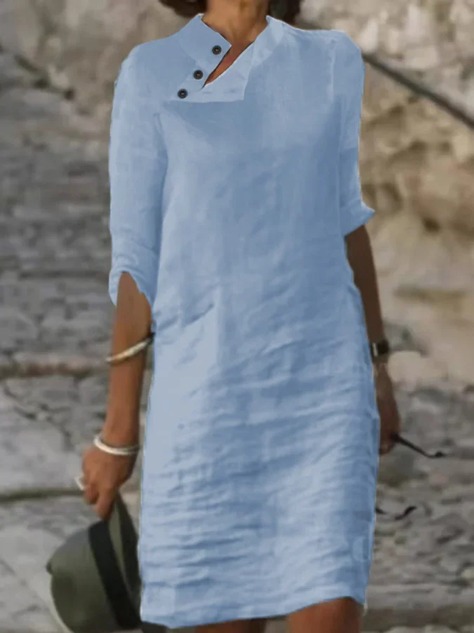 Women Plain Button Detail Casual Cotton And Linen Dress