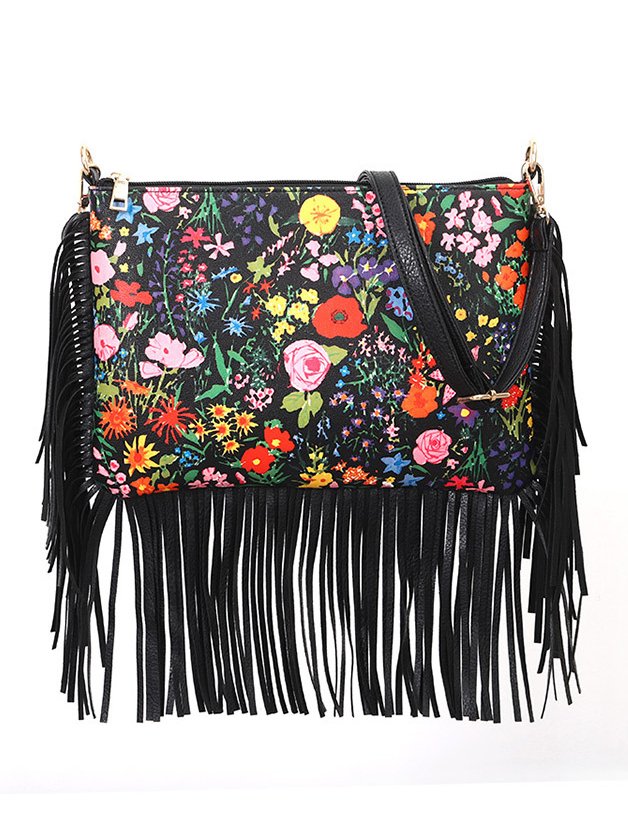 Retro Leather Tassel Flower Pattern Diagonal Shoulder Bag Western Ethnic Women's Bag