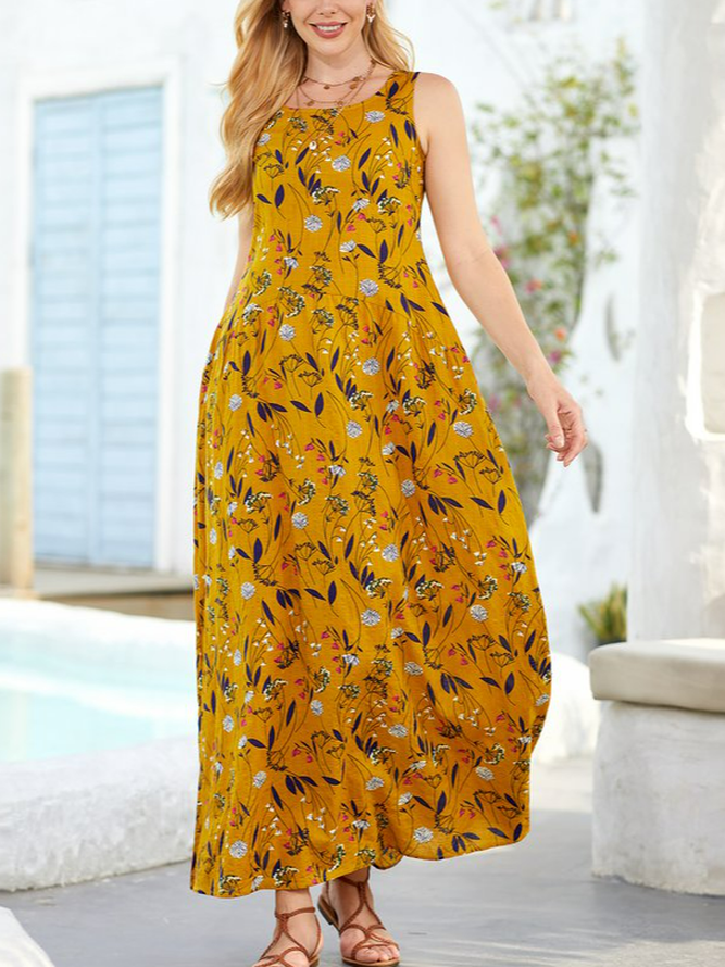 Sleeveless Floral Printed Casual Maxi Weaving Dress