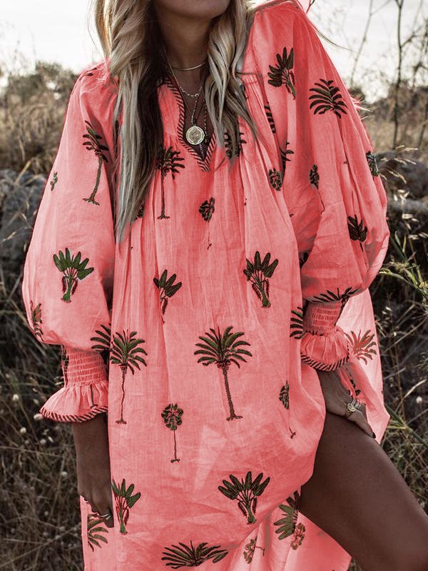 Women Casual Sundress Sexy V-neck Lantern Sleeve Floral Print Elegant Loose Bohemian Beach Dress