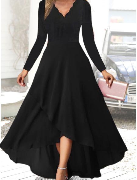 Plain Color Shell Collar Large Skirt Long Sleeve Dress