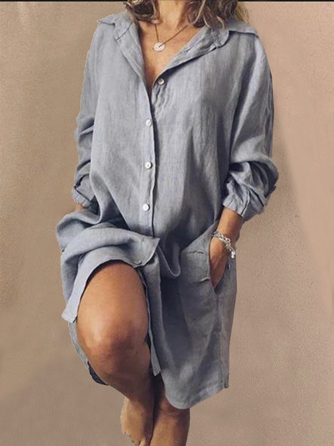 Pockets Buttoned Solid V Neck Shift Daily Cotton-Blend Weaving Dress